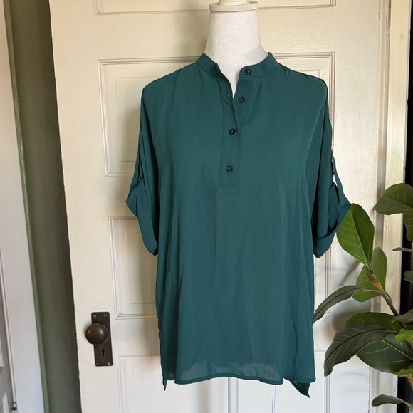 NWT MICHAEL KORS Petite Large Atlantic Blue Roll-Tab Blouse - Picture 8 of 12